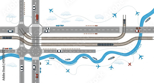 Aerial view of a complex transportation intersection with roads and railways.