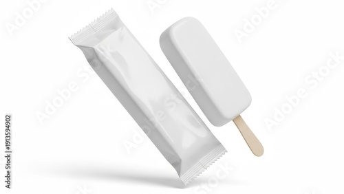 Ice Cream Bar and Blank Wrapper Angled on White Background popsicle frozen dessert