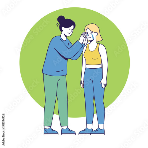 Compassion, consolation, and support concept. A friend or volunteer helping someone through a heartbreak or loss. Suitable for charity, mental wellness, and kindness campaigns.