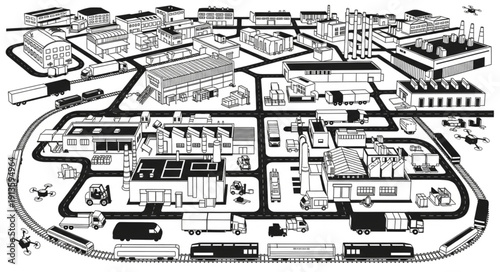 Aerial view of a sprawling industrial complex with factories and roads.