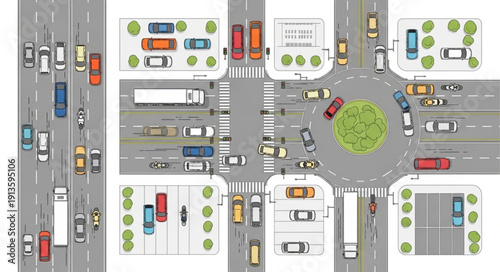 Aerial view of busy city intersection with traffic and roundabout.