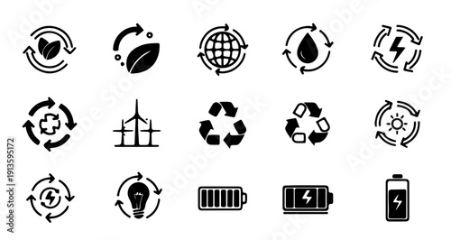 Set of 15 Black and White Icons Representing Renewable Energy, Sustainability, and Eco-Friendly Concepts
