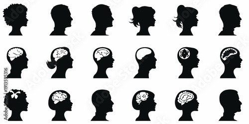 Silhouettes of heads some displaying brain imagery in a grid pattern
