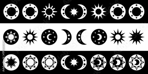 Black and white illustration depicting various phases of the moon and sun