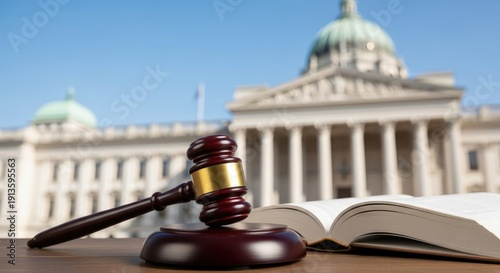A wooden judge's gavel and a book on a wooden desk in front of a government building.