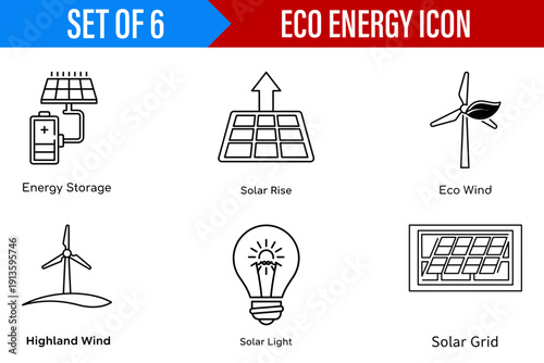 A collection of informative minimalist icons for eco energy and renewable power concepts featuring solar panels and wind turbines