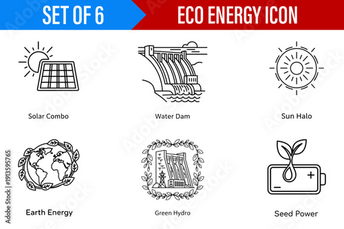 A Collection of Informative Vector Art Icons Representing Renewable Energy Sources like Solar and Hydro Power with a Focus on Sustainability