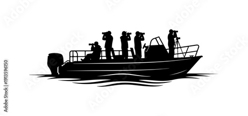 Journalists on a Boat Reporting Silhouette Vector Art