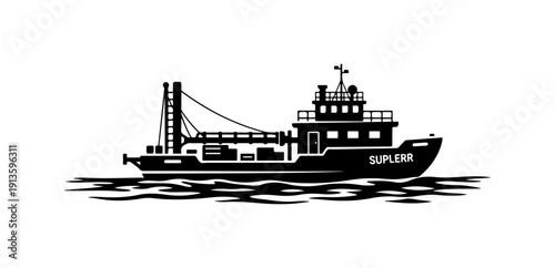 Black and White Vector Illustration of a Supply Ship Named Suplerr
