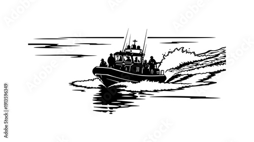Vintage-Style Boat Crossing Waves Vector Illustration