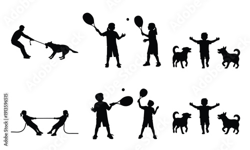 Children and dogs playing together, silhouettes of kids enjoying outdoor activities and games.