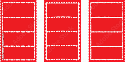 Three red filmstrip frames with white dotted lines isolated on white