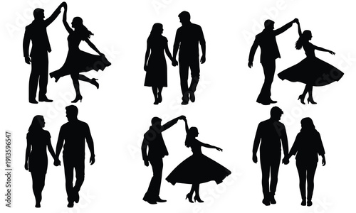 Silhouettes of couples dancing and holding hands, depicting romance and elegant ballroom movement.