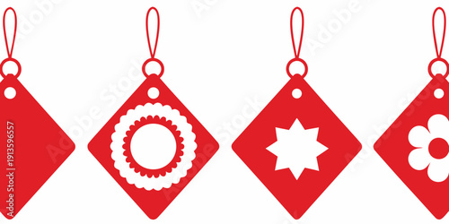 A row of vibrant red diamond shaped ornaments with unique white designs