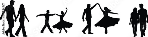 Silhouettes of couples dancing and walking, capturing moments of romance and togetherness.