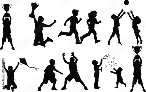 Collection of joyful children silhouettes engaged in various active outdoor play, including sports, winning, and fun activities.