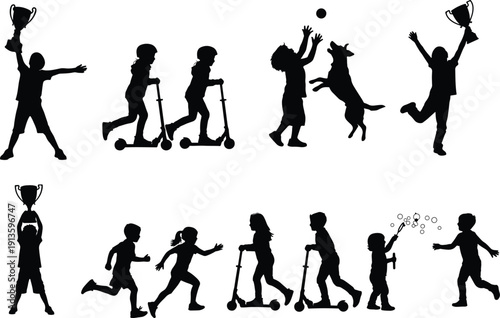 Silhouettes of happy children actively playing outdoors, riding scooters, celebrating wins, and interacting with a dog.