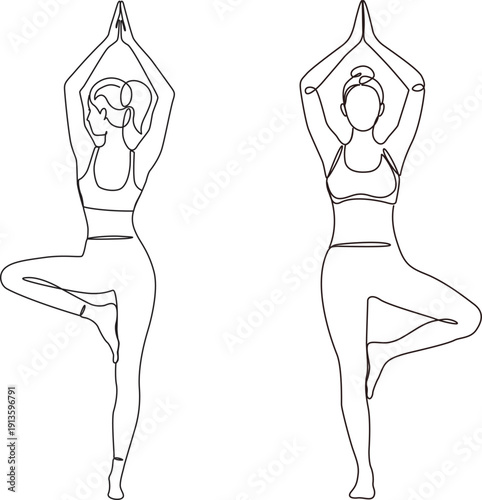 Continuous line drawing of a woman in yoga tree pose, front and back views. 