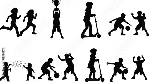 Silhouettes of children running, on scooters, playing basketball, and blowing bubbles.