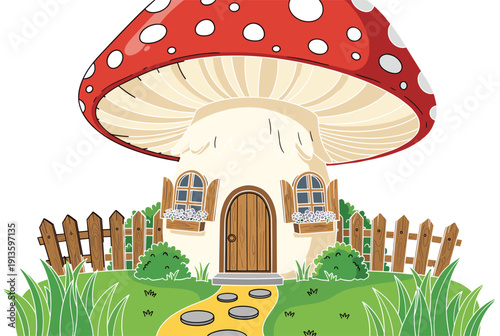 Cute Cartoon Red Mushroom House with Spotted Toadstool Roof Wooden Fence Garden Path and Green Grass Isolated on White Background for Fairytale Fantasy Design