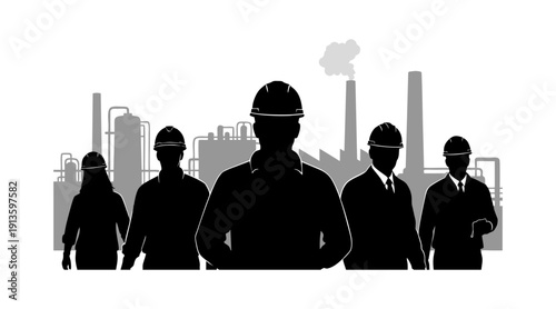 An anonymous crowd and business team featuring silhouettes of people in the city including a businessman in a suit and a family group standing together as a vector concept illustration