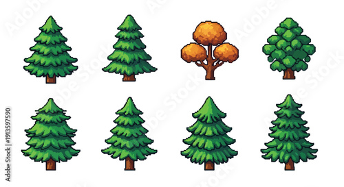 Eight vibrant pixel art trees, mostly green conifers with one orange deciduous tree, are displayed on a clean white background.