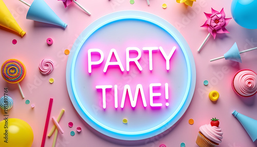 Party Time colorful typography with balloons cupcakes candies on pink background
