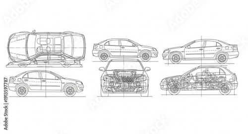 Automotive design blueprint showing multiple views of a car.
