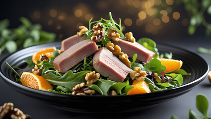 Gourmet duck confit with salad, roasted walnuts and fresh orange, elegant fine dining food photo