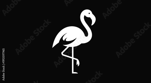 Minimalist white flamingo silhouette on black background for exotic bird nature wildlife tropical zoo and elegant summer designs,