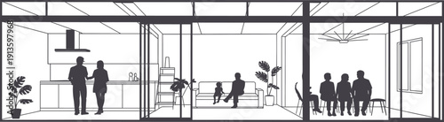 Modern minimalist house interior silhouette set with family living room, kitchen, and dining area, architectural lifestyle home design.