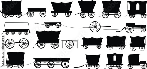 Vintage western covered wagon and horse carriage silhouette set, rustic wild west transport icons for historical pioneer design, travel.
