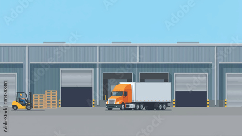 Cartoon orange semi-truck beside yellow forklift outside four-door warehouse under blue sky