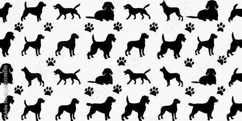 Seamless pattern of black silhouettes depicting various dog breeds and paw prints