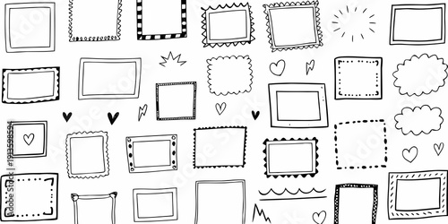 Collection of hand drawn frames hearts and decorative elements in black and white