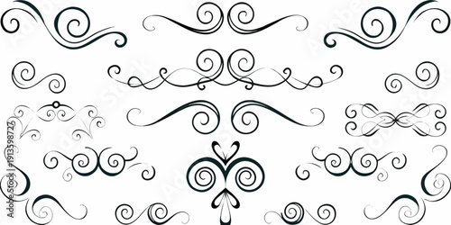 Collection of ornate black swirls and flourishes on a white background