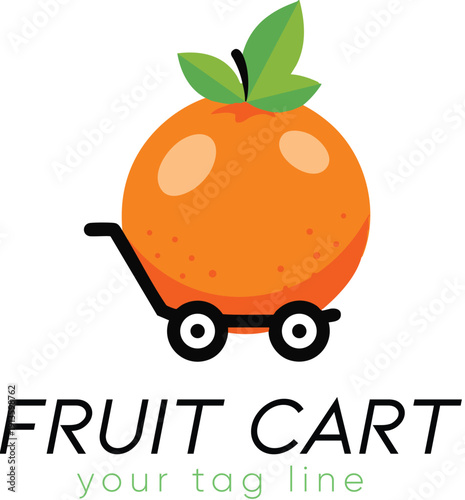 A colorful illustration of a fruit cart with a vibrant orange and green leaves on a white background