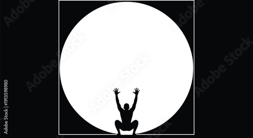 Silhouette of person lifting giant heavy white sphere depicting hard work and physical pressure