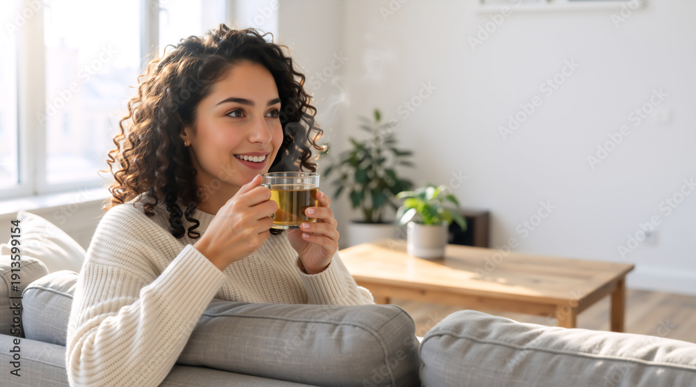 Smiling woman drinking hot herbal tea on a sofa. Healthy lifestyle and morning routine in a bright living room. Young female with curly hair holding glass mug