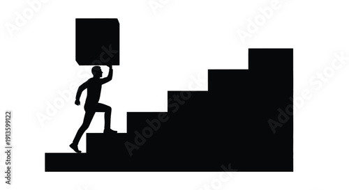 Man carries heavy box upstairs effort progress achievement symbolic career concept