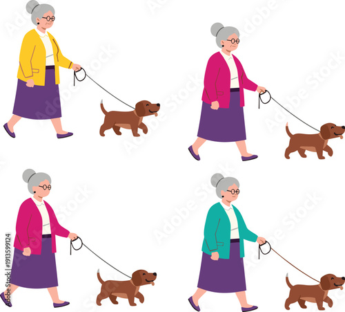 Set of Four Senior Women Walking with Brown Dog on Leash, Elderly Lady Character Collection in Different Colored Cardigans for Active Retirement Lifestyle Concept