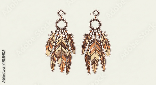 Bohemian Feather Earrings with Copper Accents Isolated on White