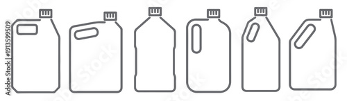 six gray silhouette plastic jug containers various sizes 