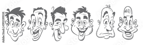 six grayscale cartoon male head silhouettes expressive faces 