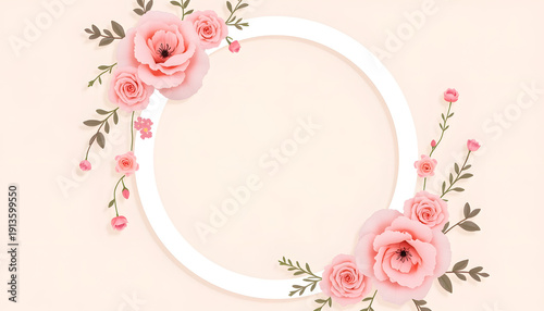 White circular frame with pink rosebuds and green leaves on beige background