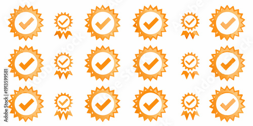 Collection of orange ribbon like badges with checkmarks various sizes