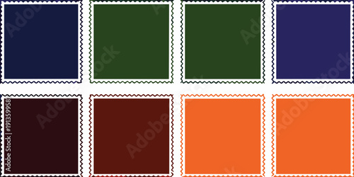 A collection of eight square postage stamps with ornate borders