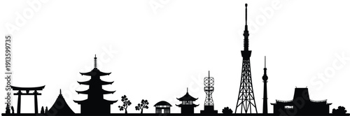 tokyo japan skyline silhouette with famous landmarks