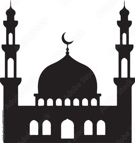 A striking symmetrical black silhouette of a mosque showcases its prominent central dome and two tall minarets
