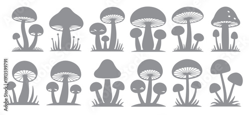  twelve gray mushroom silhouettes set various sizes